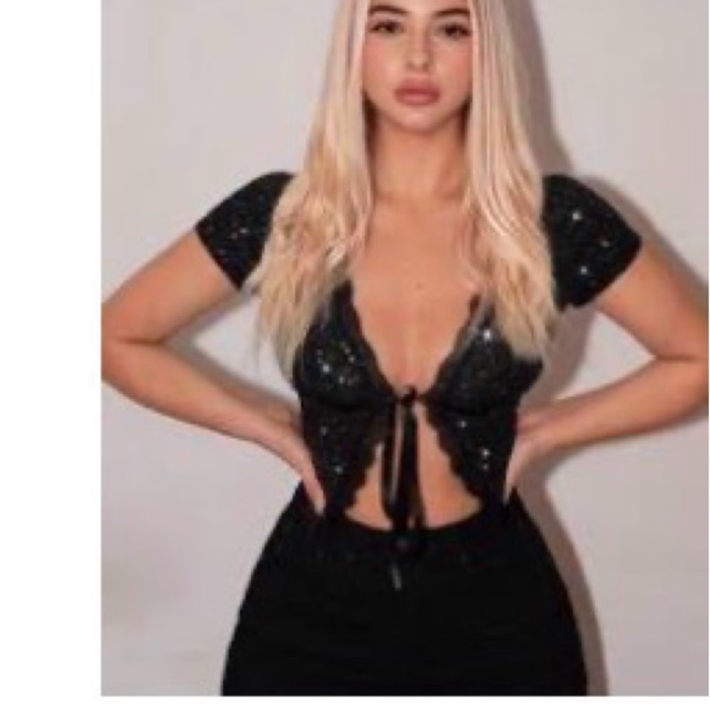 Black Sequin Tie-Front Top